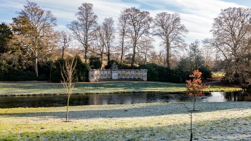 View across the river towards the Temple of British Worthies at Stowe